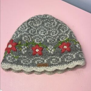 Alma Gray Hand Knit Wool Beanie Red Floral Design